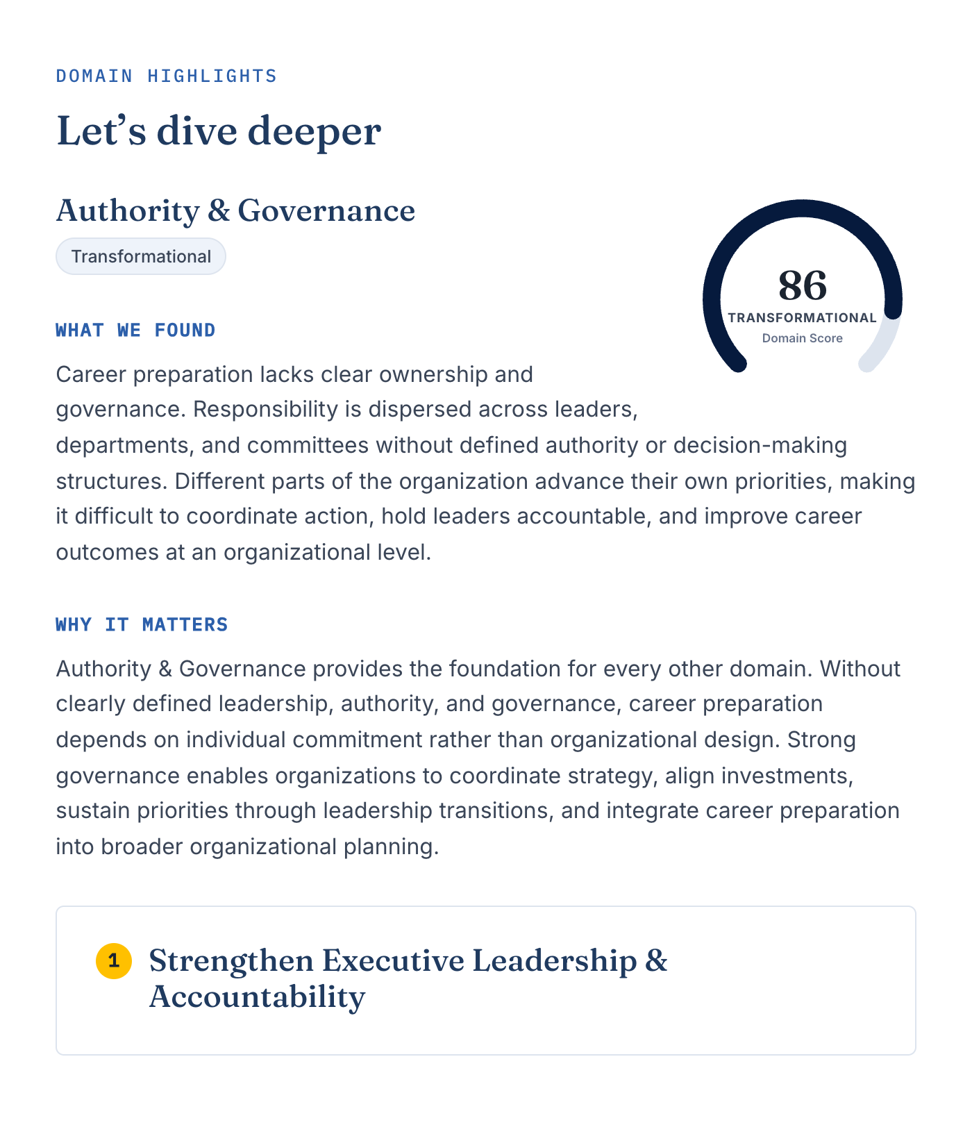 A page of the Scorecard report: one domain's score and what it means
